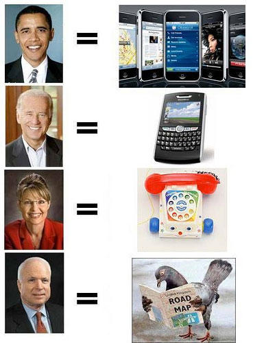 American Presidential and Vice-Presidential candidates as communication gadgets: Barack Obama as an iPhone, Joe Biden as a Blackberry, Sarah Palin as a Fischer-Price toy phone and John McCain as a carrier pigeon