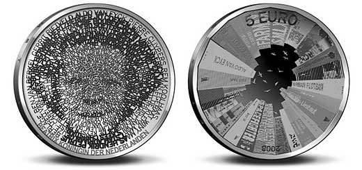 The front (left) and back of the commemorative €5 Dutch coin