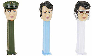 Limited edition PEZ dispensers in 1958 G.I. Elvis, 1968 Comeback Special Elvis, and 1973 Aloha From Hawaii Elvis