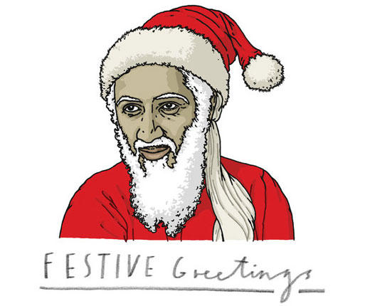 A naughty illustration of Osama Bin Laden as Santa Claus — two fellows whom the adults cannot seem to find