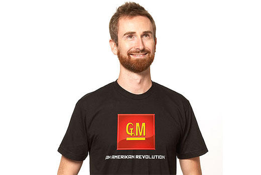 Government Motors — brilliant! The guy modelling the T-shirt — perfect!