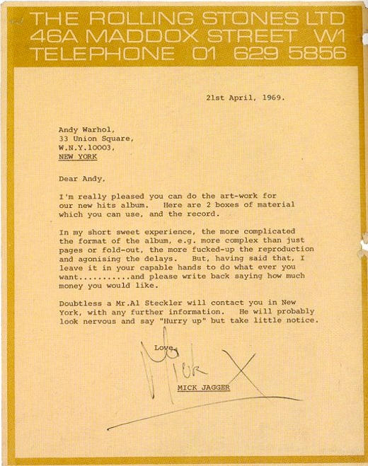 A note from Mick Jagger to Andy Warhol, briefing him on a Stones’ album cover