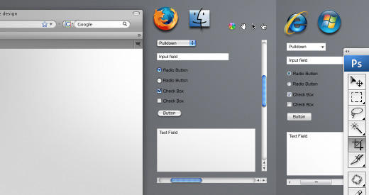 Form elements and browser windows for Mac Firefox 3 and Vista IE7, all set in a layered Photoshop file