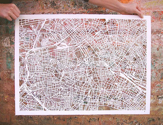 A hand-drawn and hand-cut map of Berlin, Germany