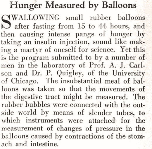 Hunger Measured by Balloons - Swallowing small rubber balloons after fasting from 15 to 44 hours, and then causing intense pangs of hunger by-taking an insulin injection, sound like making a martyr of oneself for science. Yet this is the program submitted to by a number of men in the laboratory of Prof. A. J. Carlson and Dr. P. Quigley, of the University of Chicago. The insubstantial meal of balloons was taken so that the movements of the digestive tract might be measured. The rubber bubbles were connected with the outside world by means of slender tubes, to which instruments were attached for the measurement of changes of pressure in the balloons caused by contractions of the stomach and intestine.