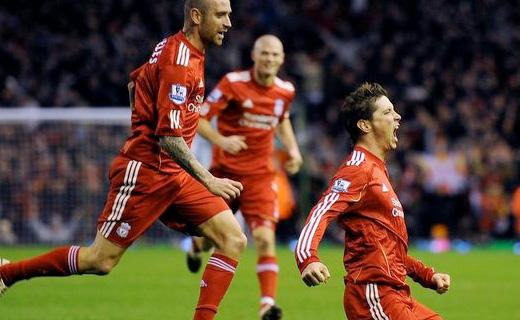 Fernando Torres celebrates after scoring against Chelsea, with Raul Meireles and Paul Konchesky joining in [Photo Credit: The Mirror]