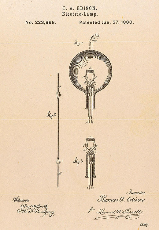 Thomas Edison's patent drawing for an improvement in electric lamps, patented January 27, 1880 (Records of the Patent and Trademark Office; Record Group 241; National Archives)
