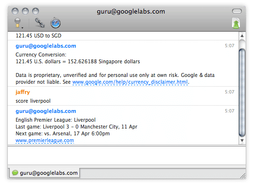 GTalk Guru lets you get information on search, scores and even from a chat window
