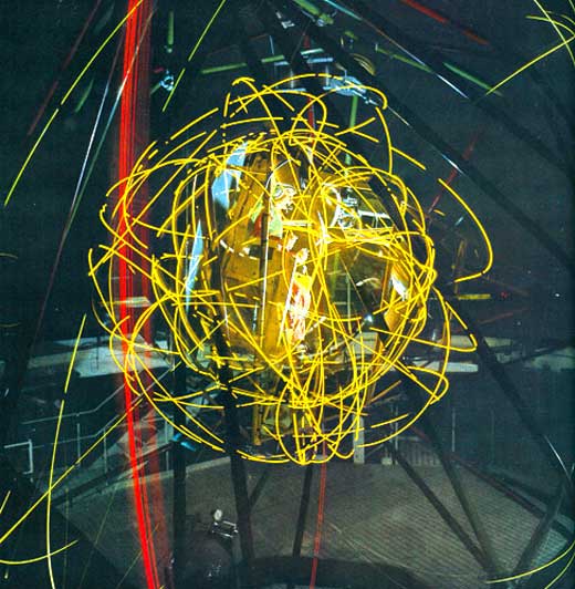 A long exposure photograph of the gruelling MASTIF (Multiple Axis Space Test Inertia Facility) from 1969