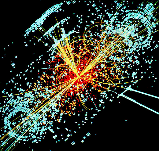 “An example of simulated data modelled for the CMS particle detector on the Large Hadron Collider (LHC) at CERN. Here, following a collision of two protons, a Higgs boson is produced which decays into two jets of hadrons and two electrons. The lines represent the possible paths of particles produced by the proton-proton collision in the detector while the energy these particles deposit is shown in blue.”