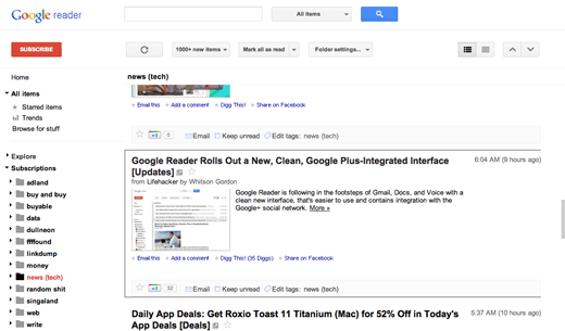 A screenshot of the new Google Reader with a Lifehacker article on the new Google Reader