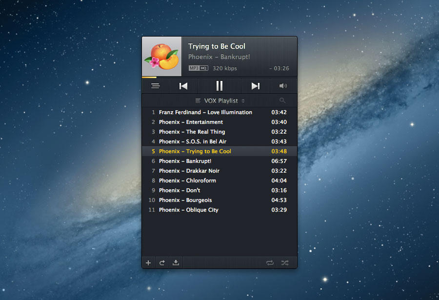 The Vox player interface (with the playlist view showing)