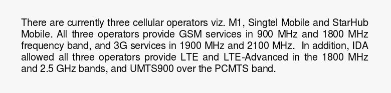 GSM services in 900 MHz and 1800 MHz, 3G services in 1900 MHz and 2100 MHz and LTE and LTE-Advanced in 1800 MHz and 2.5 GHz bands