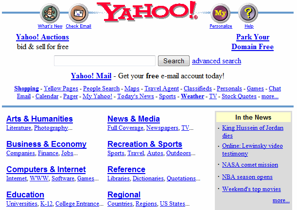 The original Yahoo! homepage, when it was still a 'directory'