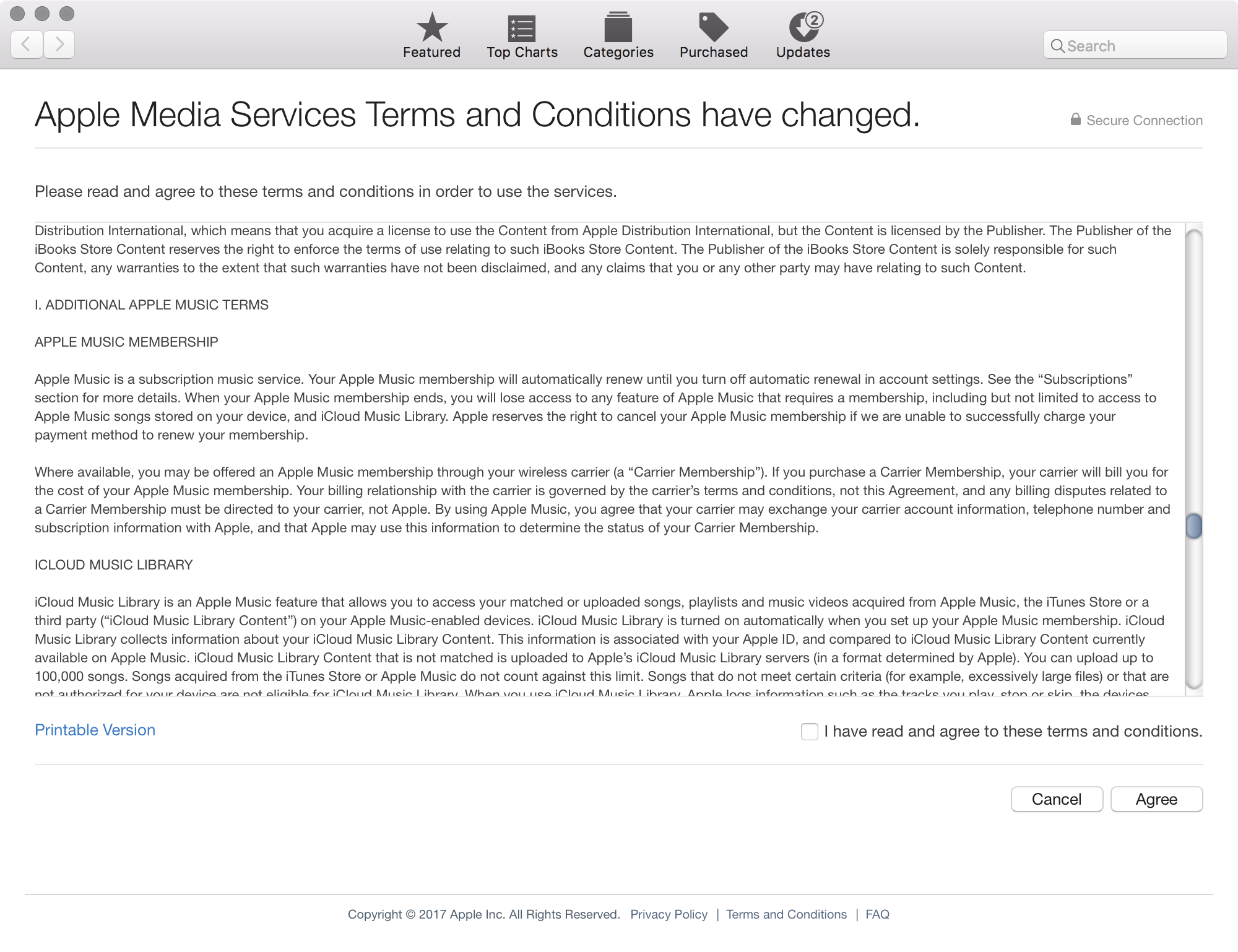 “Apple Music is a subscription music service. Your Apple Music membership will automatically renew until you turn off automatic renewal in account settings. See the “Subscriptions” section for more details. When your Apple Music membership ends, you will lose access to any feature of Apple Music that requires a membership, including but not limited to access to Apple Music songs stored on your device, and iCloud Music Library. Apple reserves the right to cancel your Apple Music membership if we are unable to successfully charge your payment method to renew your membership.”