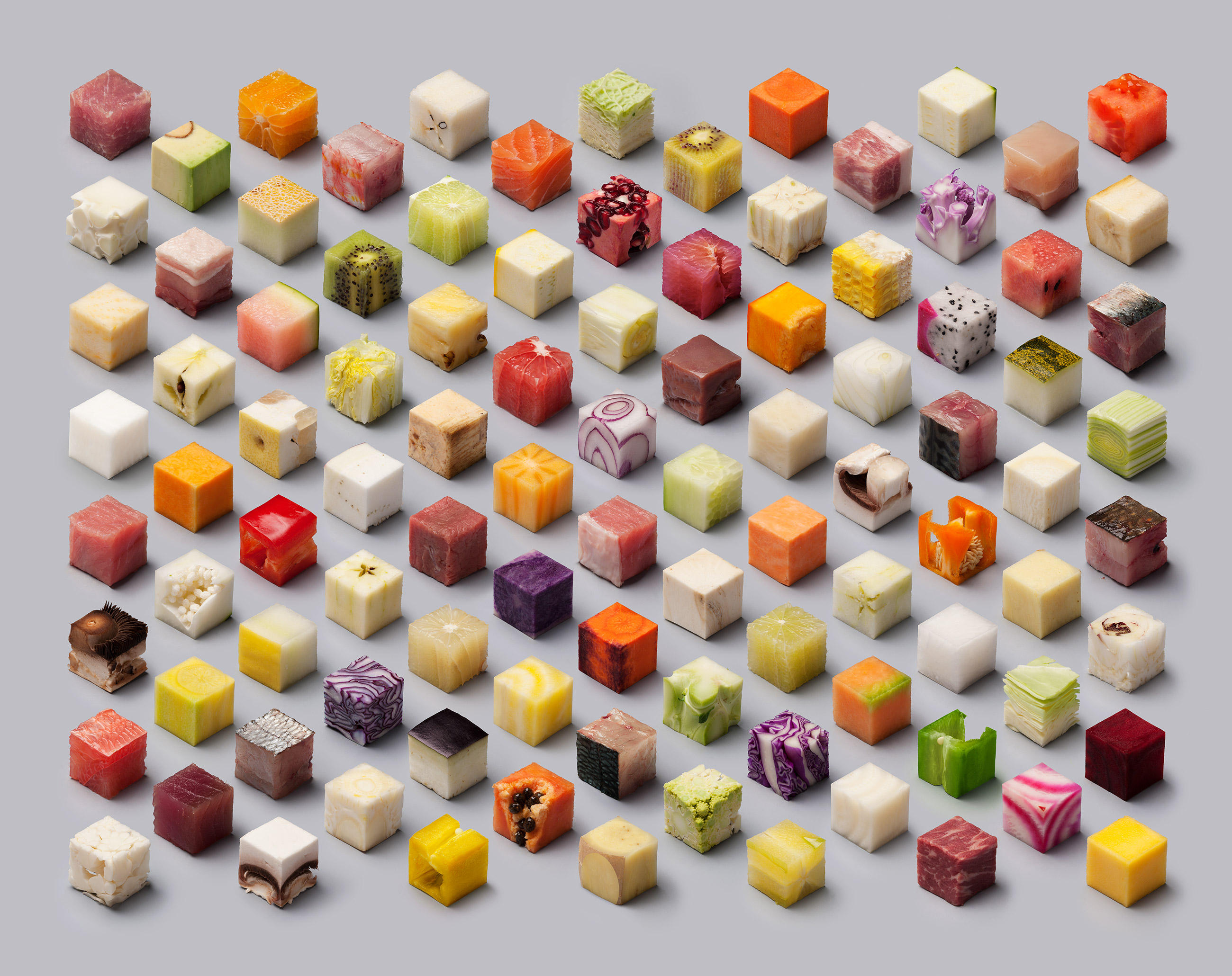 Unprocessed food transformed into perfect cubes of 2.5 × 2.5 × 2.5cm