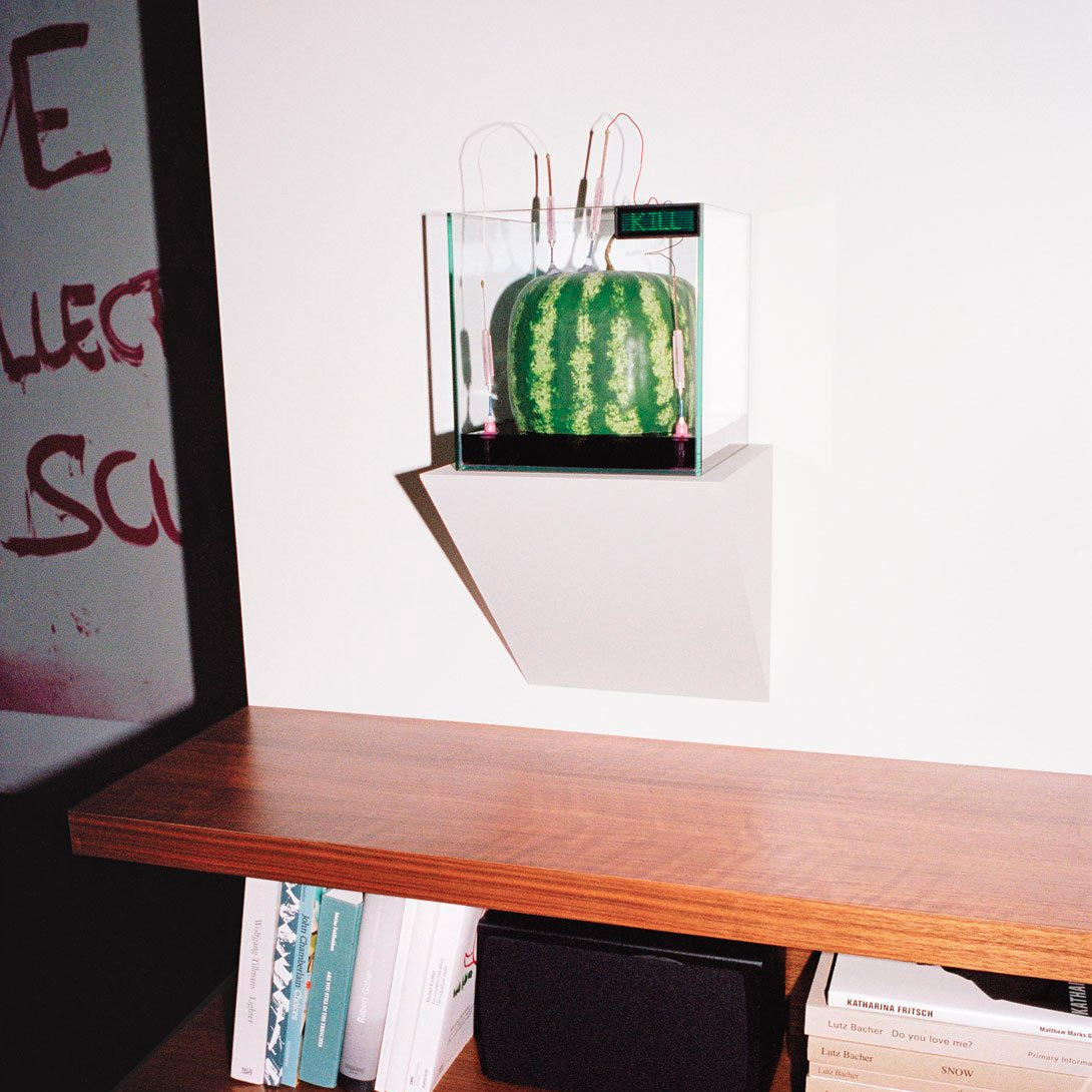 “Max Hooper Schneider’s installation, featuring a square watermelon in a glass cube. The watermelon must be replaced as it rots.” (New York Times)