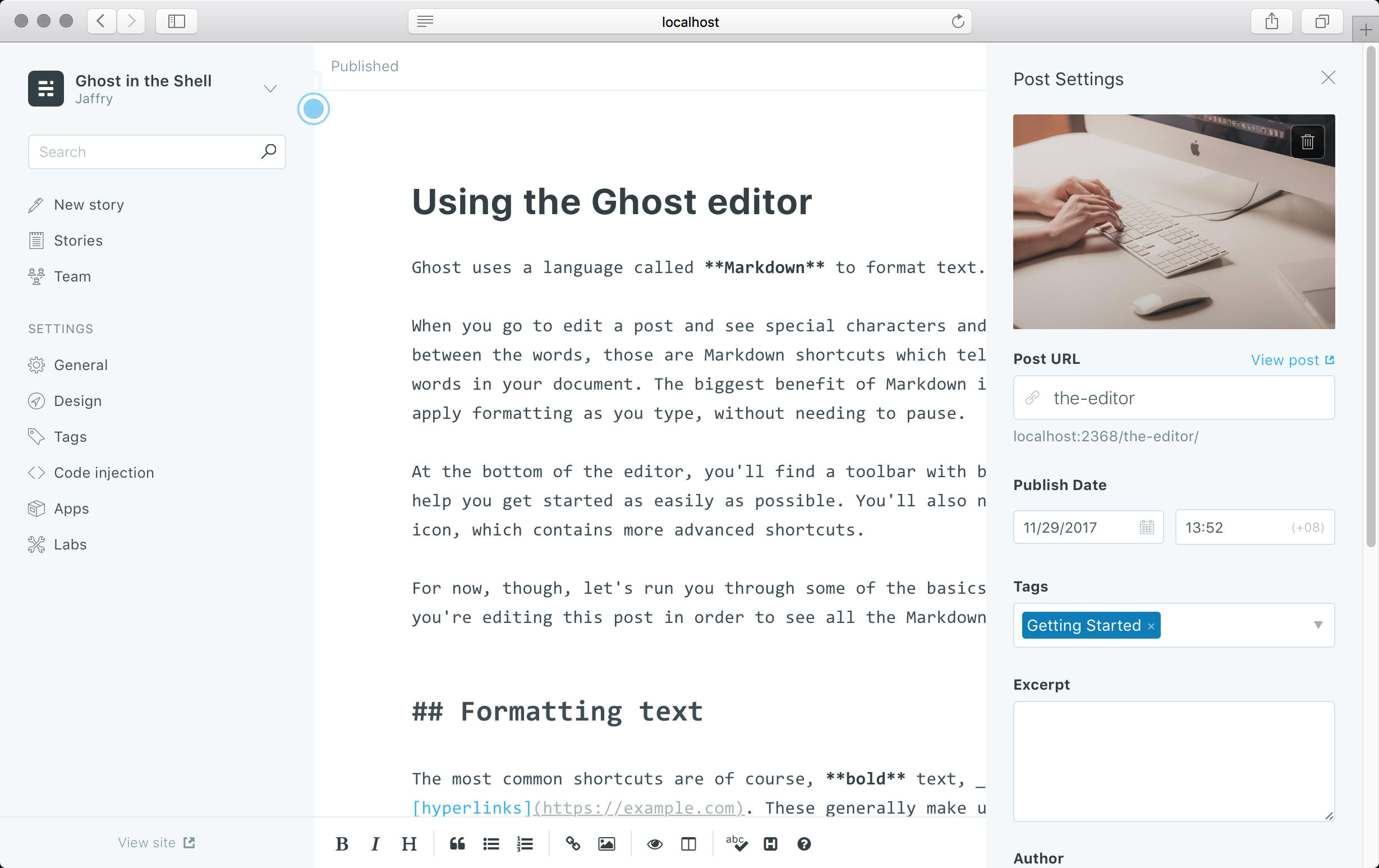 A snapshot of the ghost editor interface