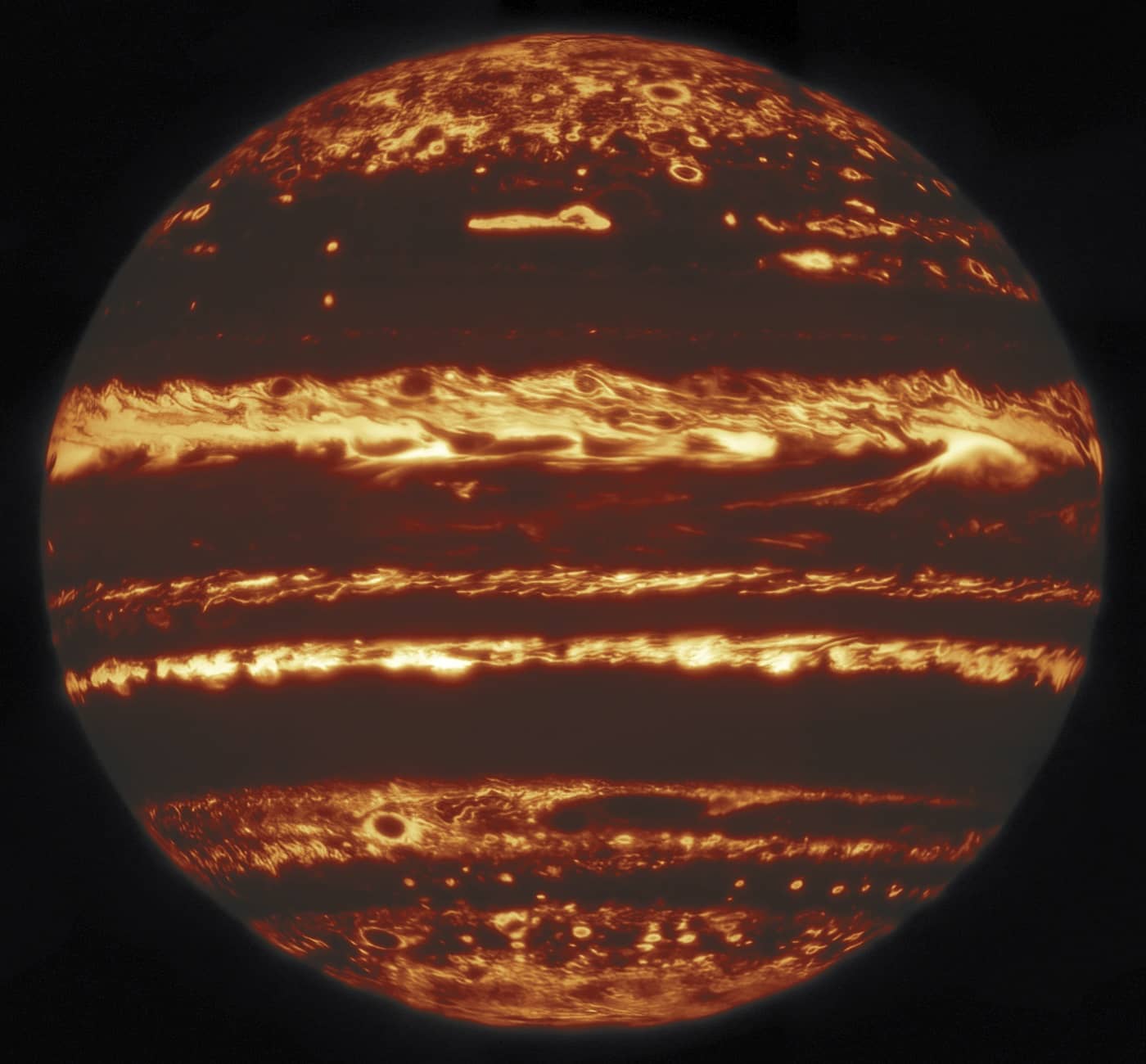 Three years of imaging observations using the international Gemini Observatory enabled scientists to build this sharp image mosaic of Jupiter in the infrared 