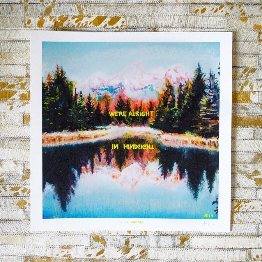 An acrylic and oil painting by Joshua Benmore. The piece reads 'We're Alright. In Hindsight' mirrored into the reflection.
