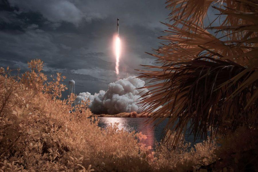 A false color infrared exposure of the SpaceX Falcon 9 rocket launch