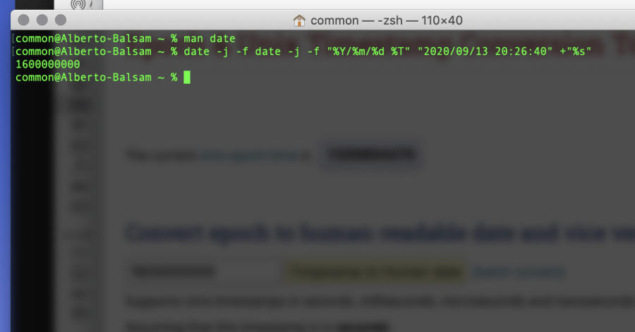 The full command on the Apple shell is 'date -j -f date -j -f "%Y/%m/%d %T" "2020/09/13 20:26:40" +"%s"' (in GMT+8)