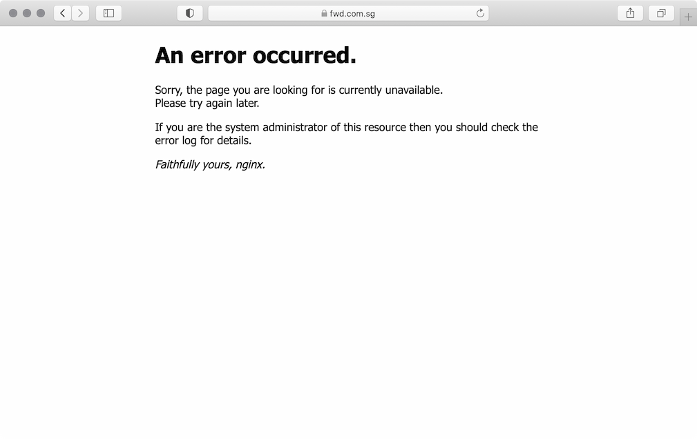 An error occurred on fwd.com.sg and the web server sent an apology note