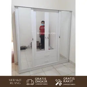 Lemari Pakaian Modern 4 Pintu 2 Laci Cermin Semua Sisi Design Premium Mewah Murah Terjangkau