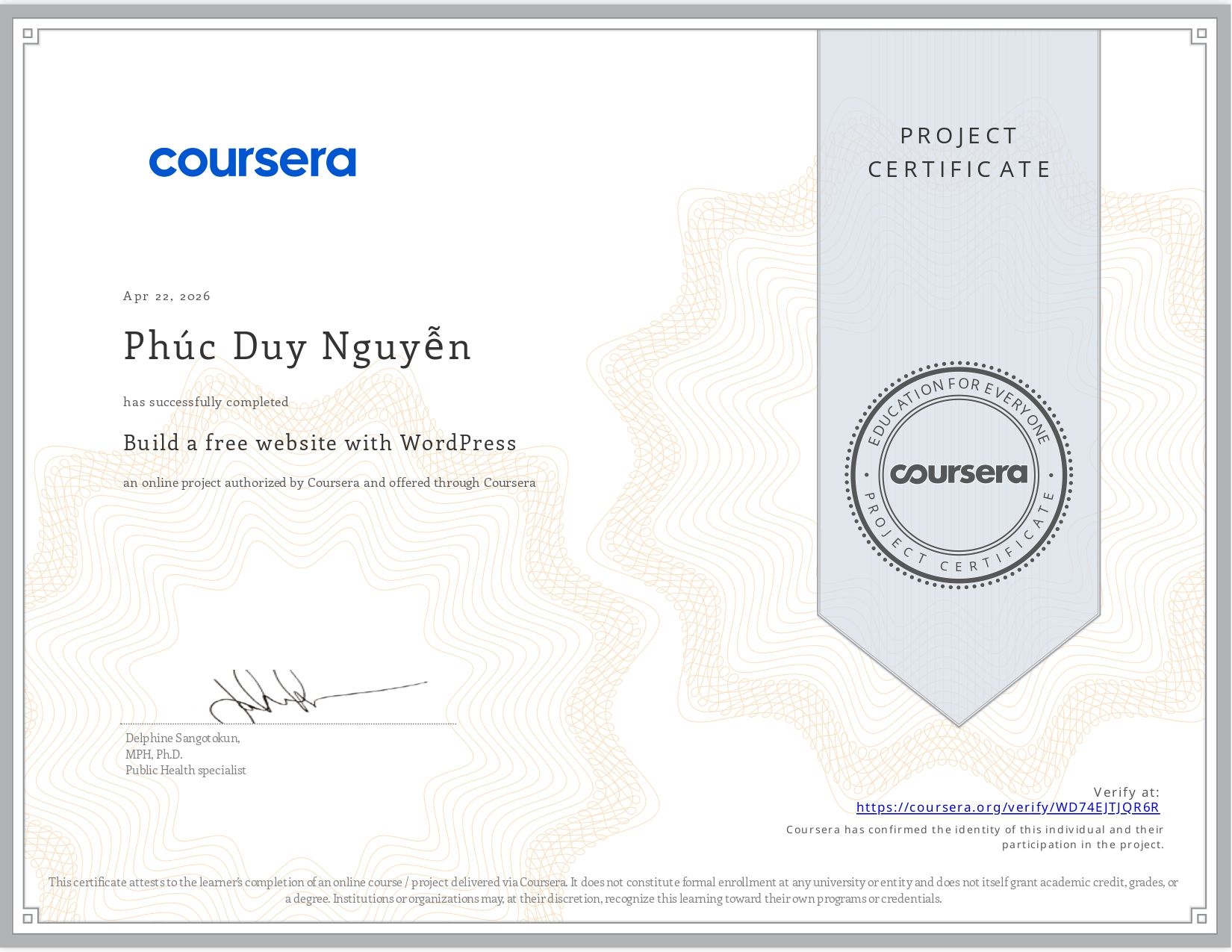 Chứng chỉ Coursera - Build a free website with WordPress