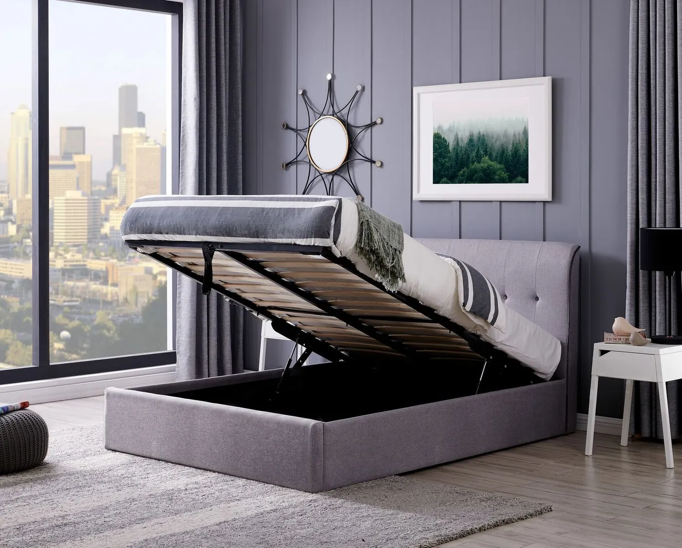 4ft6 Double Carmella Grey linen fabric upholstered gas lift up ottoman bed frame
