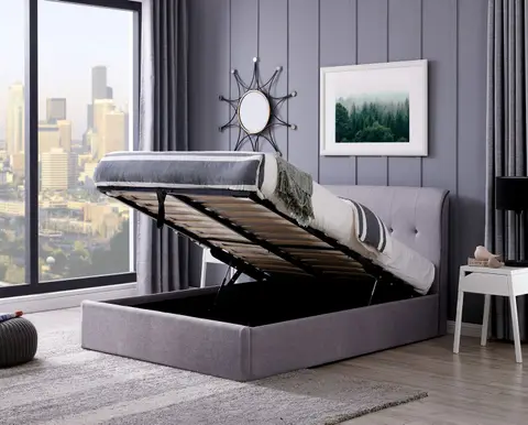 4ft6 Double Carmella Grey linen fabric upholstered gas lift up ottoman bed frame