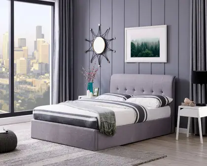 4ft6 Double Carmella Grey linen fabric upholstered gas lift up ottoman bed frame thumbnail 2
