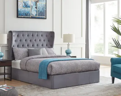 4ft6 Double Grey fabric winged back ottoman bed frame thumbnail 2
