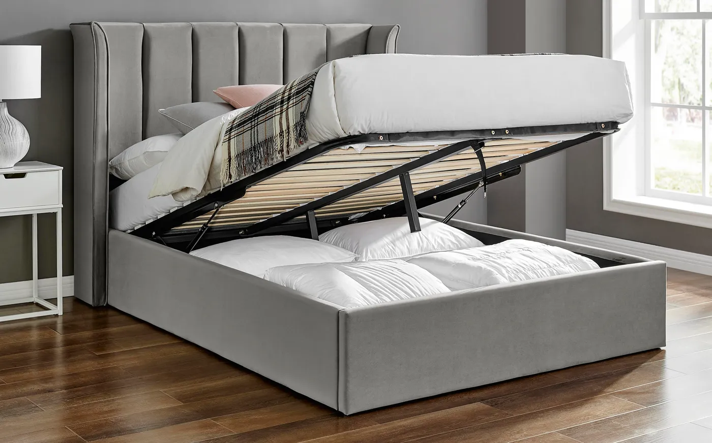 5ft King Size Tall Wing Back Polar Ottoman Silver Velvet Velour Bed Frame