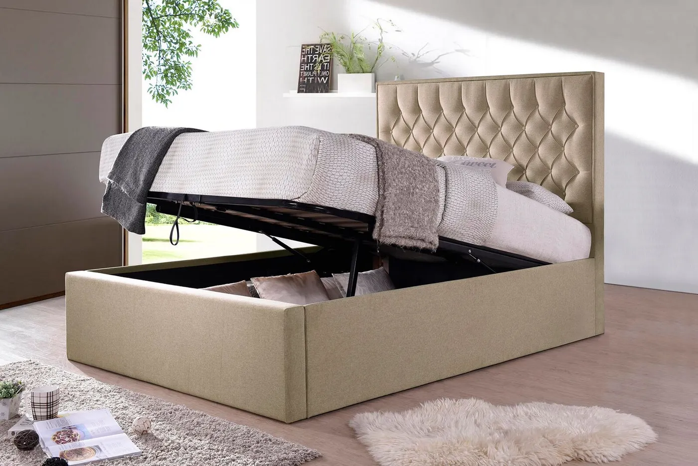 4ft6 Double Oatmeal fabric ottoman upholstered buttoned headboard, lift up storage bed frame