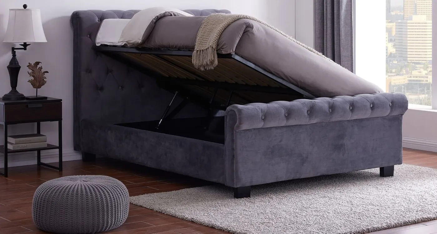 5ft King Size Grey velvet fabric, buttoned back Whitley bed frame. Sleigh/scroll end design