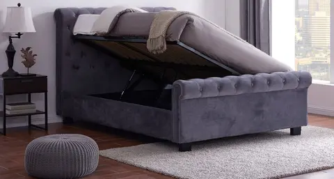 5ft King Size Grey velvet fabric, buttoned back Whitley bed frame. Sleigh/scroll end design