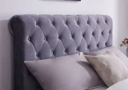 5ft King Size Grey velvet fabric, buttoned back Whitley bed frame. Sleigh/scroll end design thumbnail 4