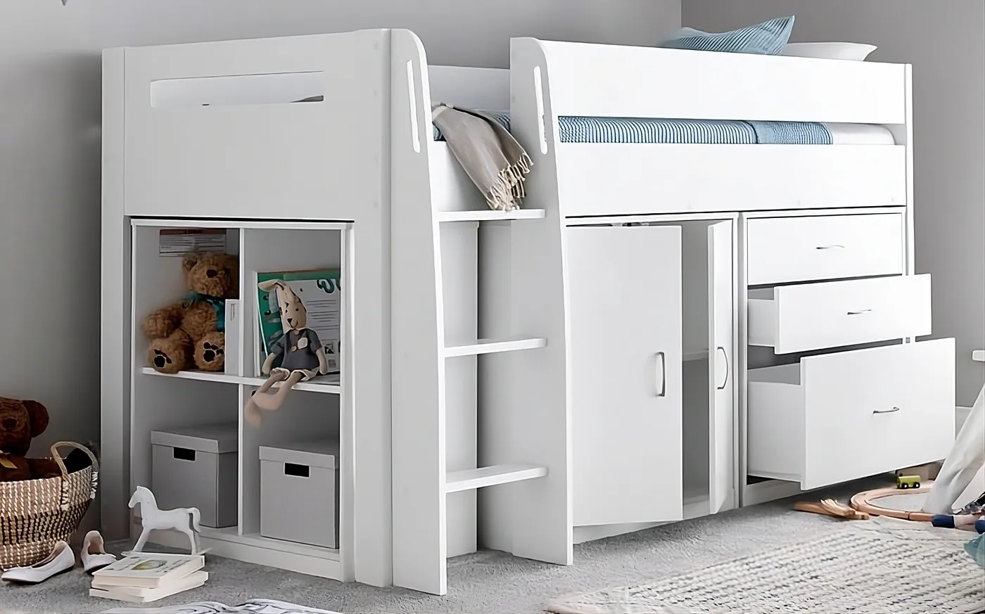 Lacy White Storage Mid Sleeper Bunk Bed Frame