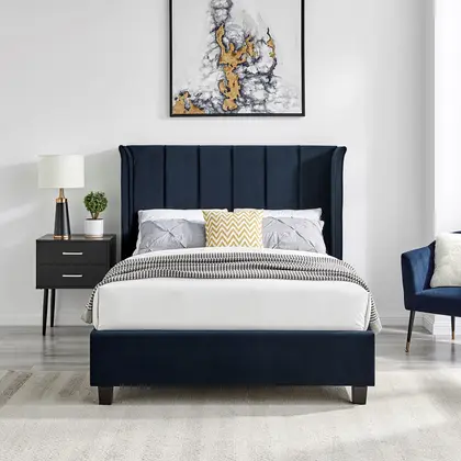 4ft6 Double Tall Wing Back Polar Blue Velvet Velour Bed Frame thumbnail 3