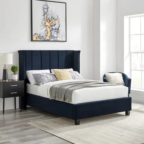 4ft6 Double Tall Wing Back Polar Blue Velvet Velour Bed Frame