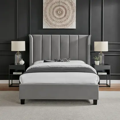 4ft6 Double Tall Wing Back Polar Silver Velvet Velour Bed Frame thumbnail 3