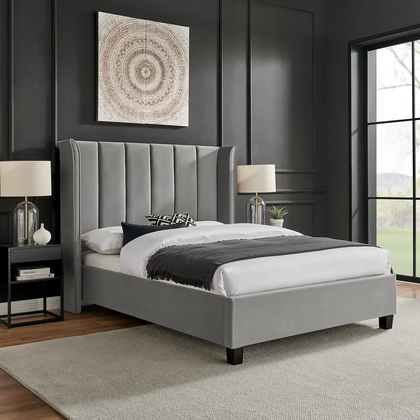 4ft6 Double Tall Wing Back Polar Silver Velvet Velour Bed Frame