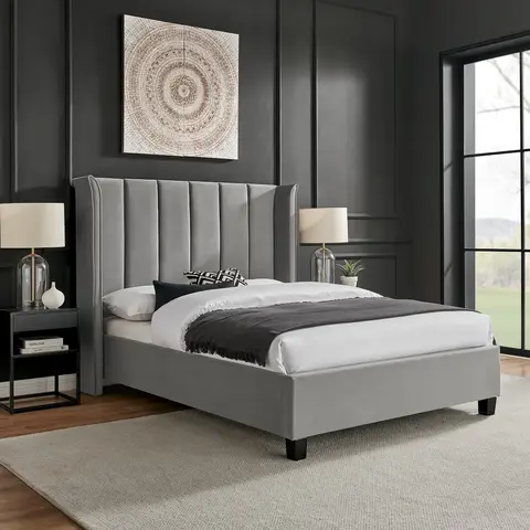 4ft6 Double Tall Wing Back Polar Silver Velvet Velour Bed Frame