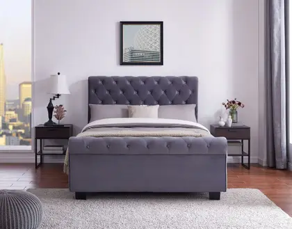 5ft King Size Grey velvet fabric, buttoned back Whitley bed frame. Sleigh/scroll end design thumbnail 3