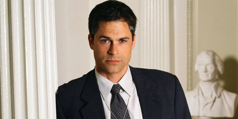 Rob Lowe looking serious and wearing a suit as Sam in The West Wing