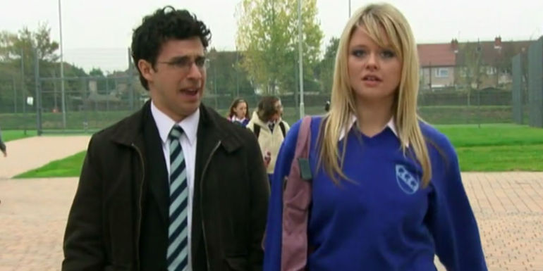 Simon Bird as Will McKenzie walking alongside Emily Atack as Charlotte Hinchcliffe in The Inbetweeners