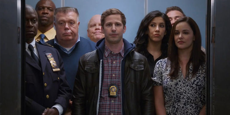 All the characters in an elevator in the Brooklyn Nine-Nine Finale