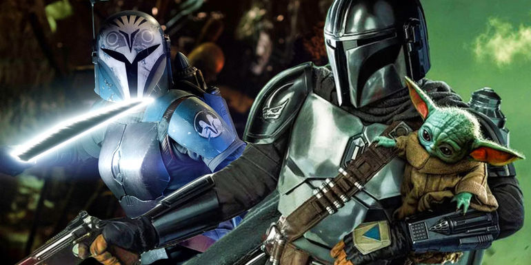 Din Djarin holding Grogu in the poster for The Mandalorian season 3 next to Bo-Katan holding the Darksaber