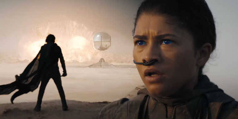 Custom image of Paul looking at an explosion and a horrified Chani in Dune Part Two